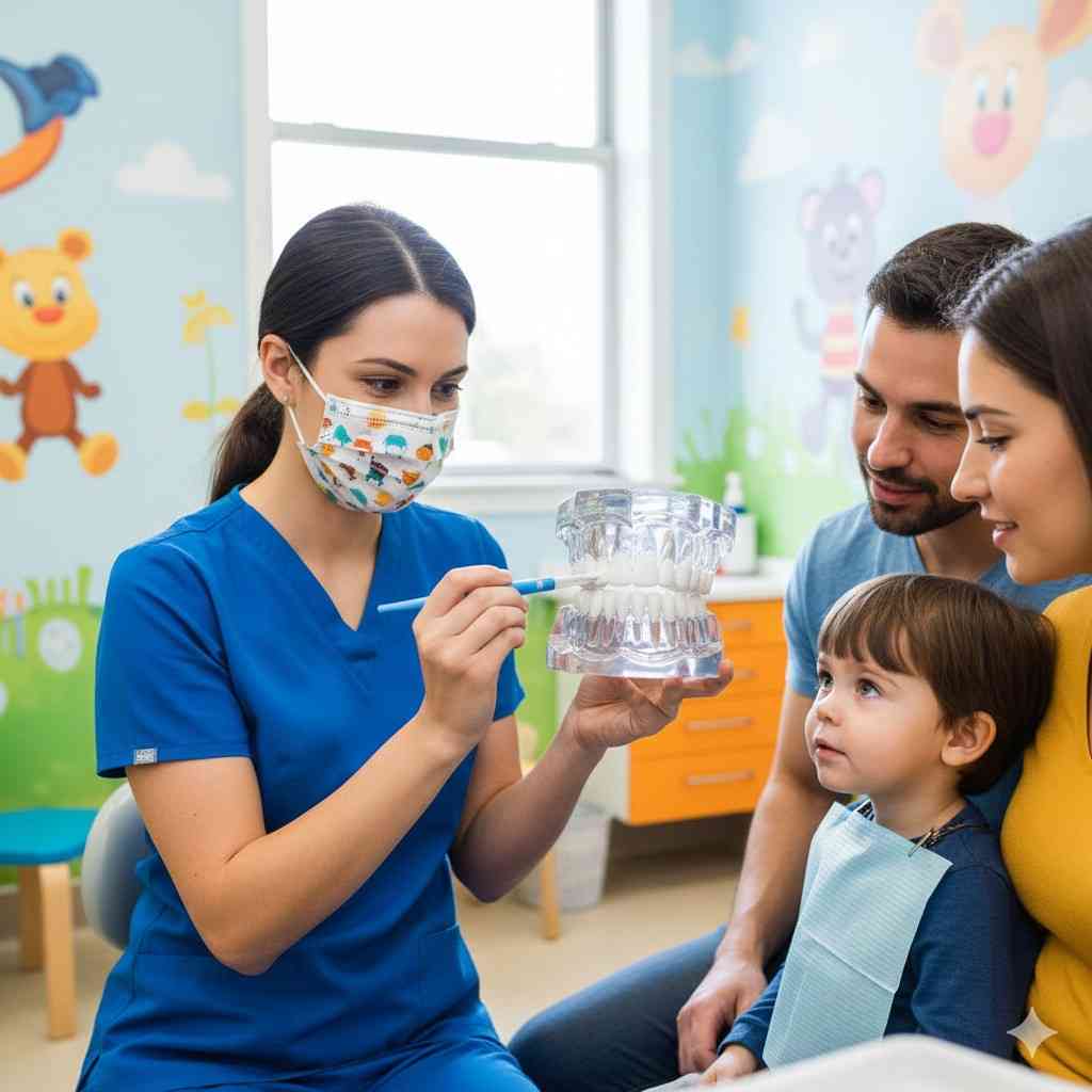 Pediatric dentist explaining dental care using a tooth model to a child and parents in a child-friendly dental office