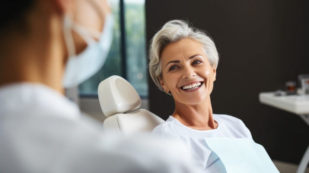 Smiling patient speaking with a dentist