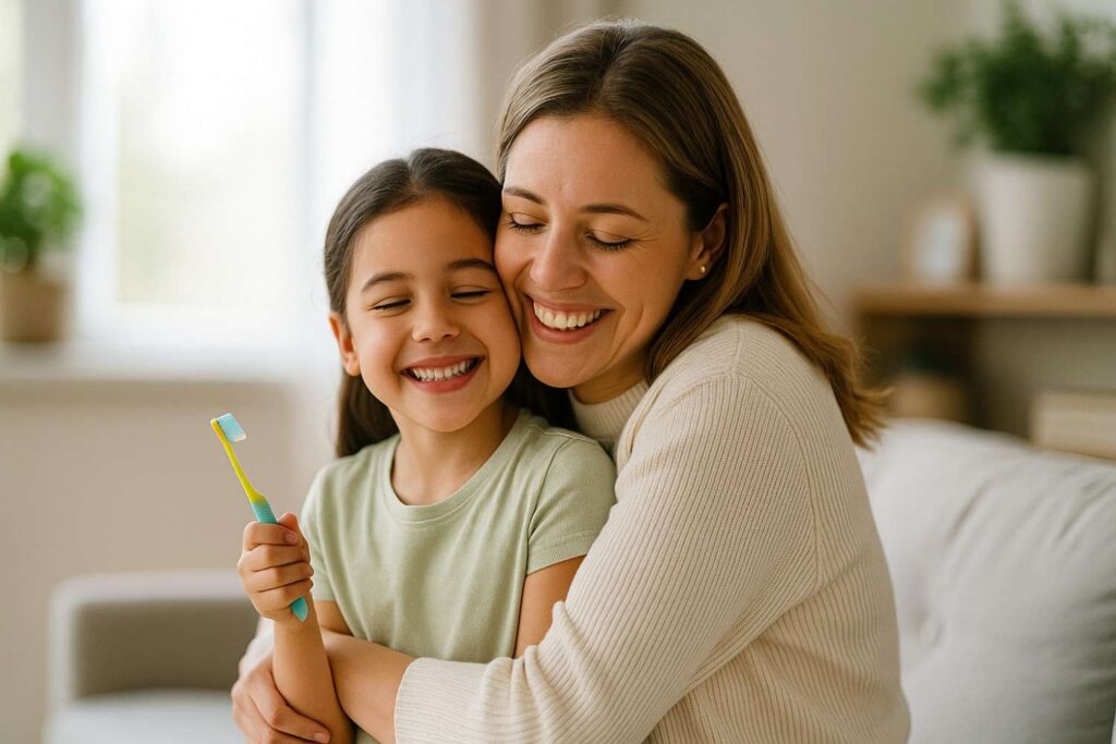 Mother hugging smiling child holding toothbrush at home.
